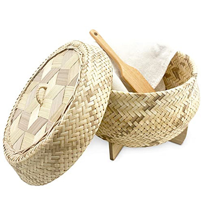 PANWA Handmade 100 Natural Thai Bamboo Sticky Rice Electric Cooker Steamer Set Small Pot Insert 6 5 Inch Hewn Reed Wicker Woven Lid 16 Cheesecloth Filter and Wooden Spoon